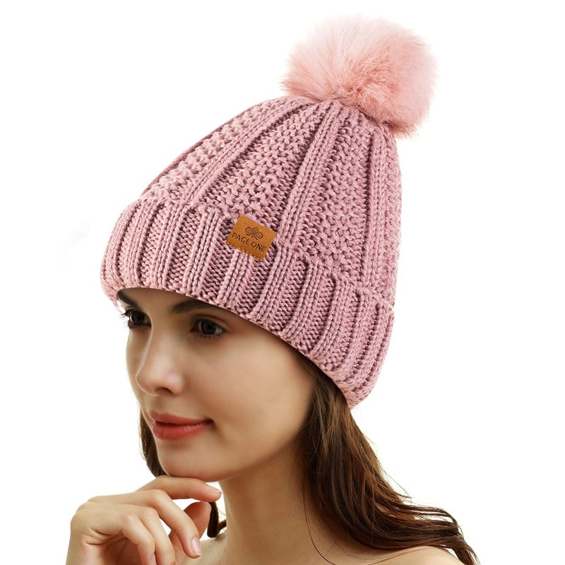 PAGE ONE Womens Winter Thick Cable Knit Beanie Faux Fur Pom Hat Fleece Lined Skull Cap Dark Pink - Image 2